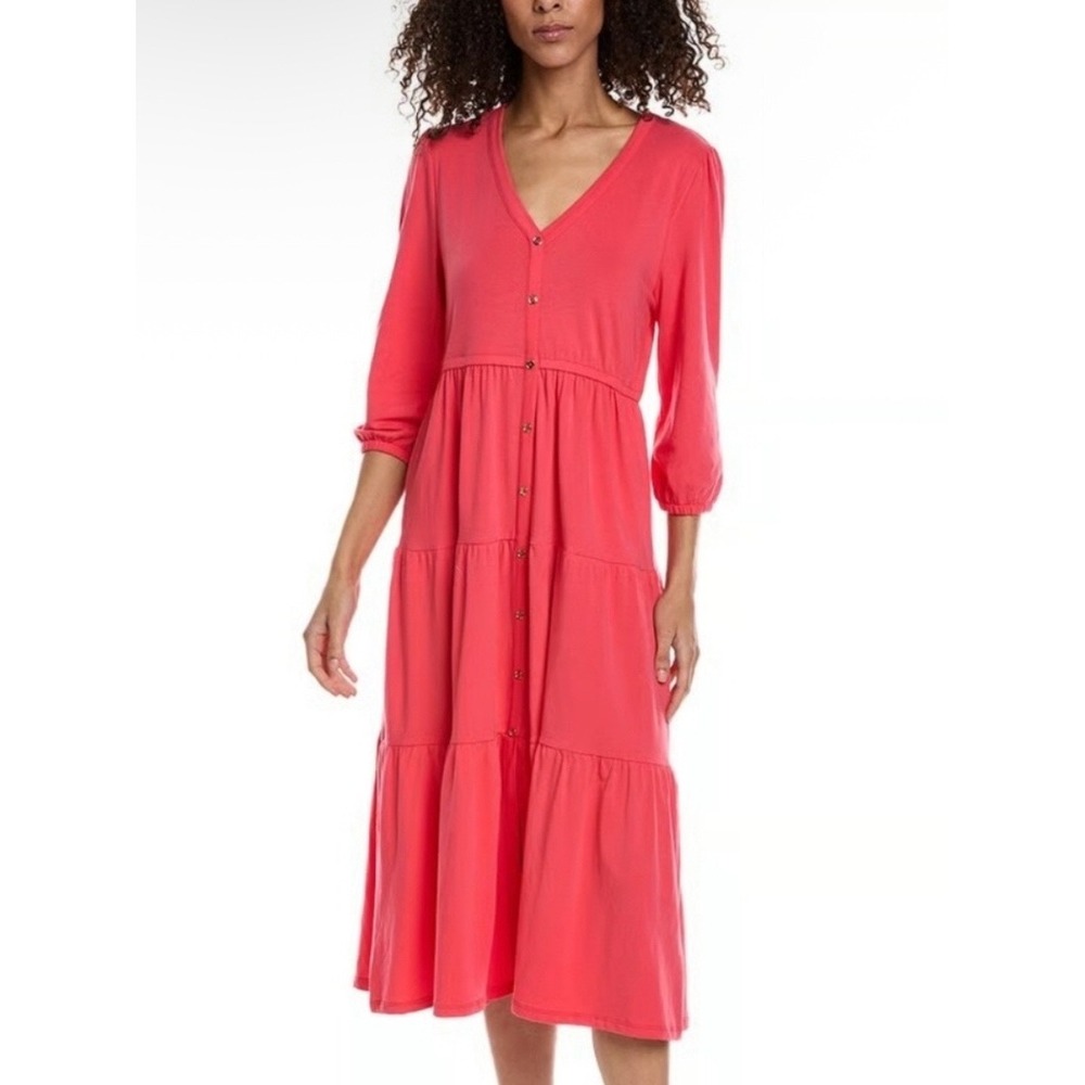 Duffield Lane NWT Cassandra Midi Dress Large Watermelon Pink Tiered Button Front